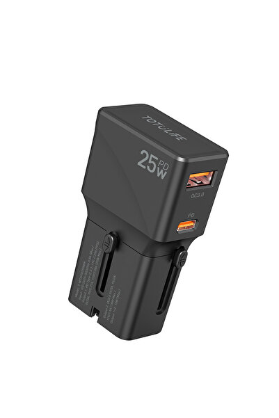 Totulife محول سفر عالمي للجيب بقوة 25 وات، شاحن سريع بتقنية PD وQC 3.0 - منفذان USB من النوع C وUSB-A