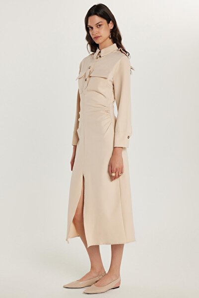 Tudors Kadın Standart Fit Düğmeli Polo Yaka Uzun Kollu Çift Çepli Önden Yırtmaçlı Midi Boy Bej Elbise