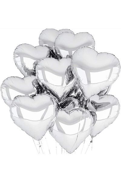 Modafiks Metallized Shiny Silver Heart Shaped Flying Bn Foil 18 Inch 45 cm 10 Pcs