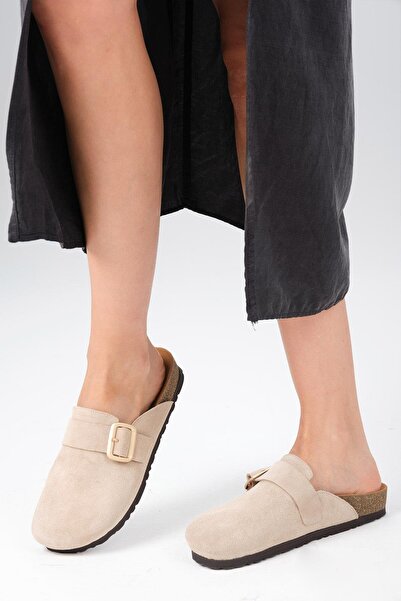Mio Gusto Γυναικείες παντόφλες Juno Γνήσιο Suede Μπεζ Χρώμα Ορθοπεδική Σόλα από φελλό
