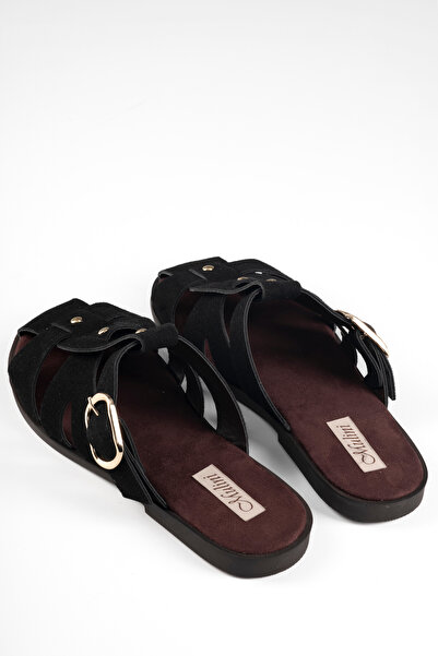 Mulini Women's Black Suede Leather Vintage Style Cage Sandals Slippers with Buckle and Troc