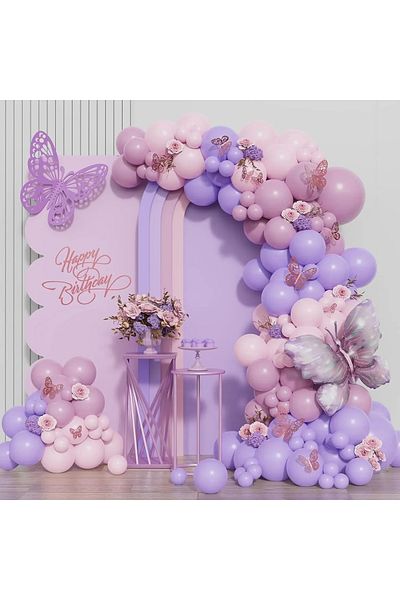 Baloane Vesele Pink Purple Birthday Baptism Balloon Arch With Butterflies ARC144