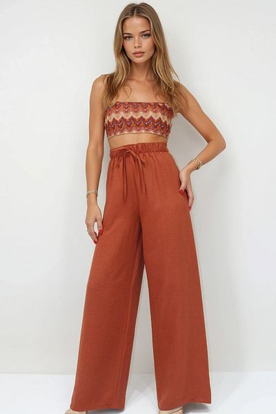 VAGGON Lace-Up Elastic Waist Aerobin Palazzo Trousers