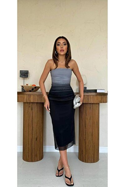 Yarın Ne Giysem BÜZGÜLÜ STRAPLEZ TÜL ELBİSE