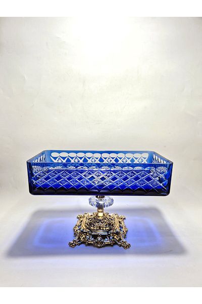 Akden Kristal Crystal Cutting Decor Ektrella Blue Baton Presentation Glass Bowl