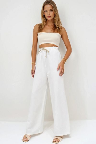VAGGON Linen Palazzo Trousers with Elastic Waist and Laces