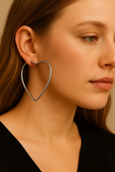 Lorvia Gümüş Renk Kadın Kalp Model Büyük Halka Küpe - Modern ve Zarif Tasarım