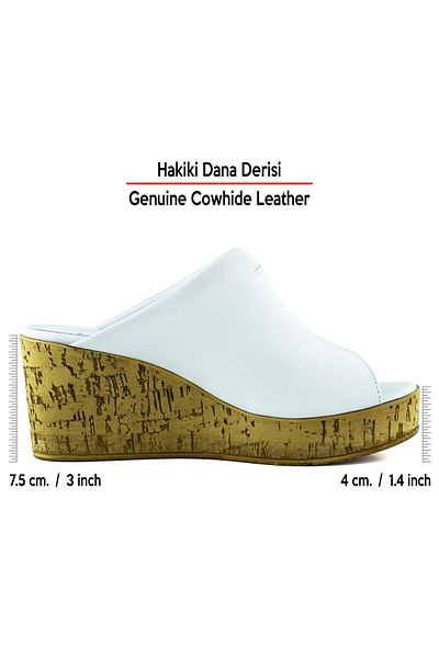 Erkan Saçmacı Mallery White Genuine Leather Open Front Cork Sole Look Wedge Heeled Slippers