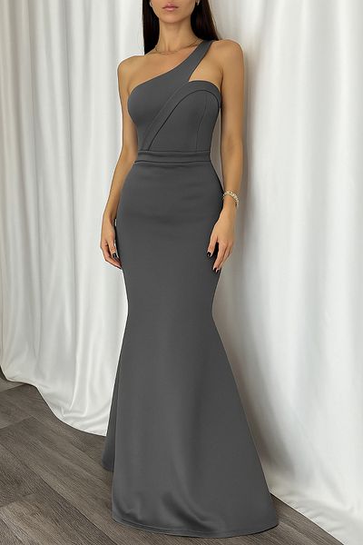 Deafox Dark Gray Scuba Fabric Diagonal Collar Strap Fish Dress Evening Dress