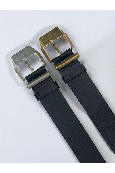Gesa Men's 100% Genuine Leather Tin-Antique Plated Buckle Set of 2 Black Belts 4.2 cm