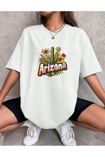 lewibafashion تي شيرت نسائي كبير الحجم بتصميم الصبار المكتوب من أريزونا