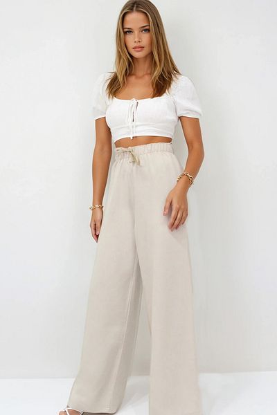 VAGGON Linen Palazzo Trousers with Elastic Waist and Laces