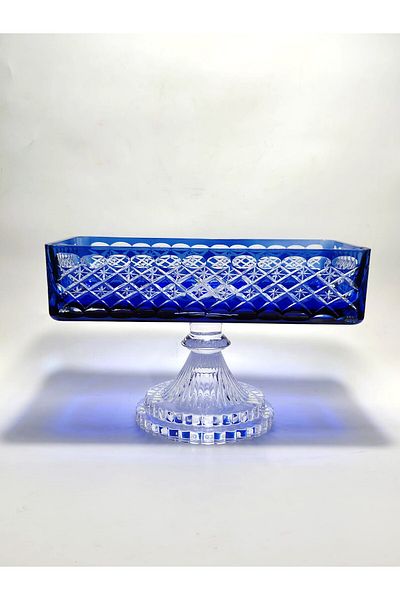 Akden Kristal Crystal Cutting Decor Ektrella Blue Baton Presentation Glass Bowl