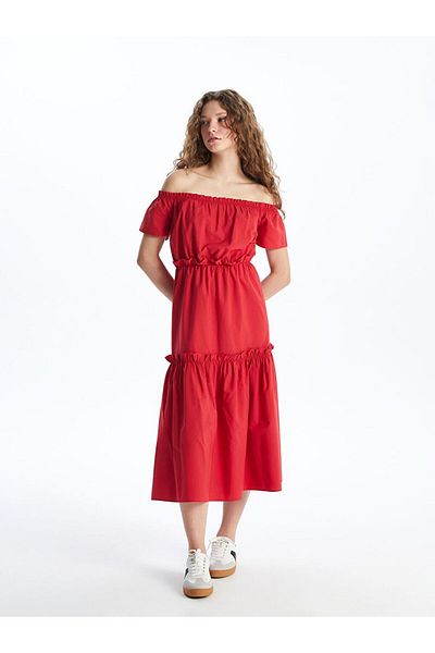 LC Waikiki Red Boat Neck Plain Short Sleeve Women's Dress