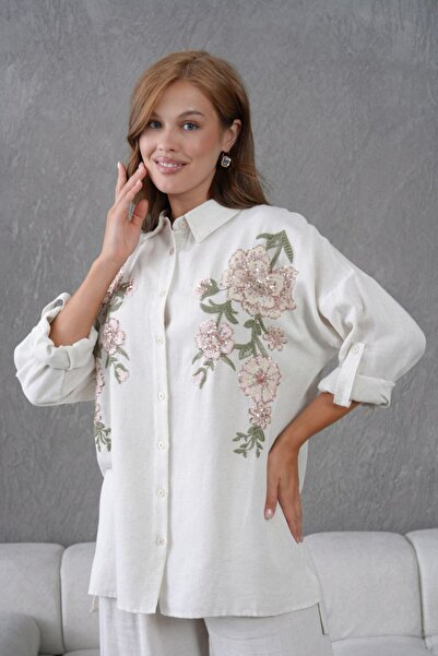 MVStore Women's Embroidery Embroidered Stone Detailed Linen Shirt