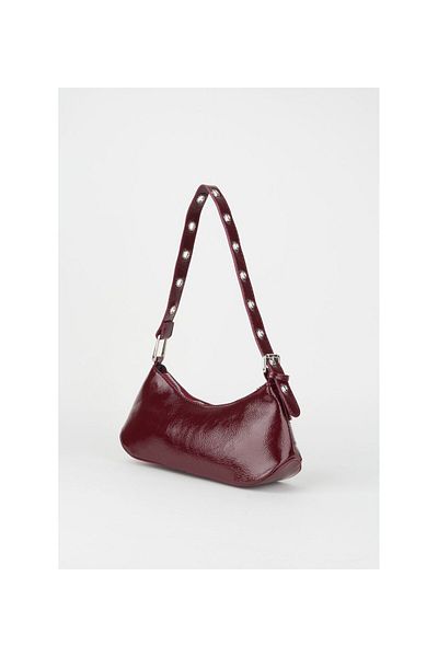 AlphaClub Bag Women's Patent Leather Claret Red Belt Design Detail Lined Zipper Closure Baguette Hand and Arm Bag