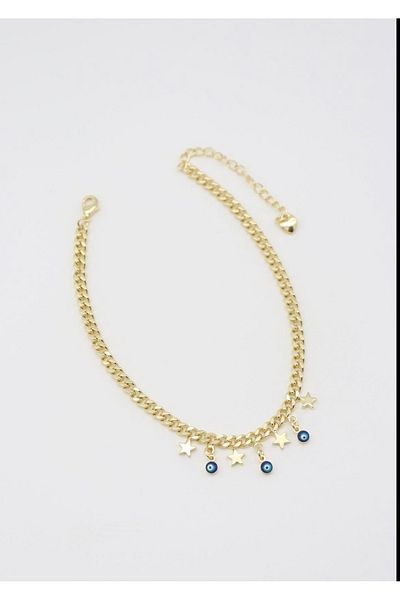 MODA Gold Steel Anklet with Blue Beaded Star Detail