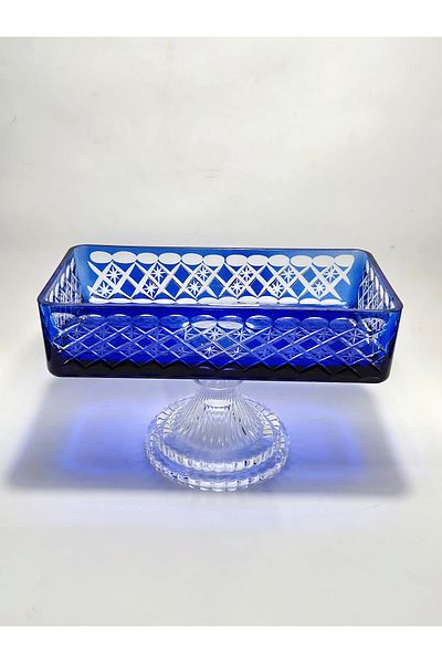 Akden Kristal Crystal Cutting Decor Ektrella Blue Baton Presentation Glass Bowl
