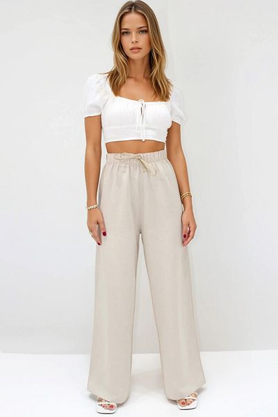 VAGGON Linen Palazzo Trousers with Elastic Waist and Laces