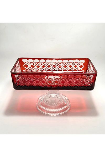 Akden Kristal Crystal Cut Ektrella Red Baton Presentation Glass Bowl
