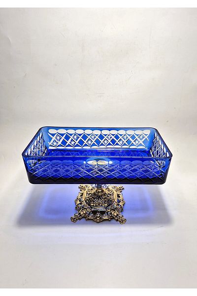 Akden Kristal Crystal Cutting Decor Ektrella Blue Baton Presentation Glass Bowl