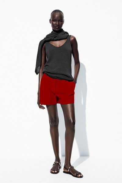 GIA - ART Women's Red Belted Shorts – 100% Cotton Satin High Waist Summer Stylish Model