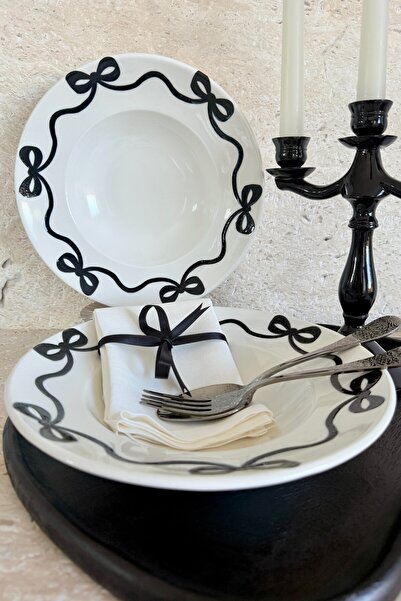 porselenden Bow 2-Piece Premium Porcelain Pasta Plate / Salad Bowl Special Design with Black Ribbon Pattern