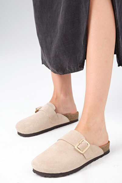 Mio Gusto Γυναικείες παντόφλες Juno Γνήσιο Suede Μπεζ Χρώμα Ορθοπεδική Σόλα από φελλό