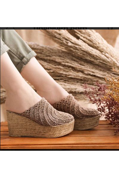 AYDOĞDU by ünal Bohemian Wicket Knitted Filled Tapucled Slippers
