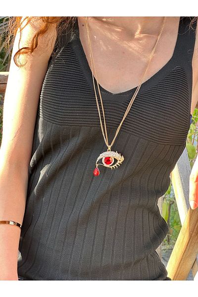 Gönülden Tasarım Zircon Stone Engraved Crying Eye Women's Necklace 40 cm
