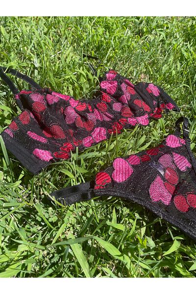 WİYONA Set sutien cu dantelă cu sârmă cu inimă neagră pentru femei