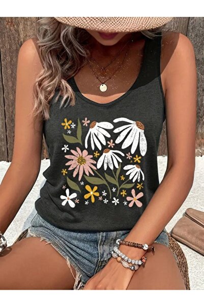 Deocept Women's Floral Printed Hollow Neck T-Shirt