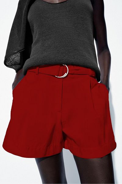 GIA - ART Women's Red Belted Shorts – 100% Cotton Satin High Waist Summer Stylish Model