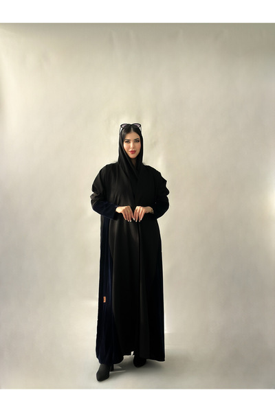 elegant hijab عباية كتان ومخمل كحلي جانبية