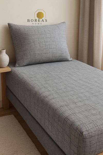 Boreas Home Pixel Gray Ranforce Single Fitted Sheet and Pillowcase Set (100X200)