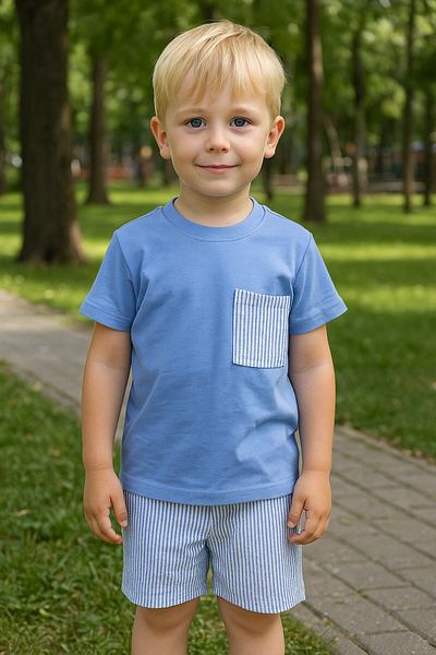 Yalçınoğlu Kids Boy's Suit I Children's Summer Suit I T-Shirt and Striped Shorts Combination Pocket Detail I Children's Clothing