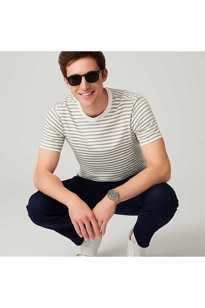 LACİVERTMEN 3005 Ecru Gray Horizontal Stripes Crew Neck T-Shirt, Modern Design for Summer Stylish Casual Combinations