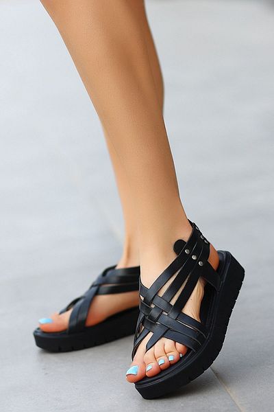 LEYDİ SHOES Fls-105 Genuine Leather Black Women's Sandals