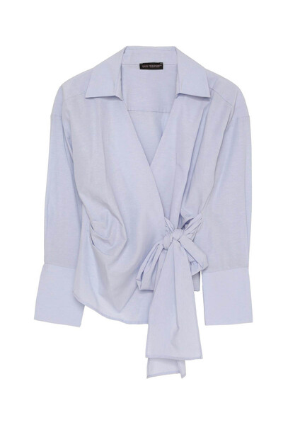 Quzu Bağlama Detaylı Kruvaze Mavi Kadın Bluz BLZ00130