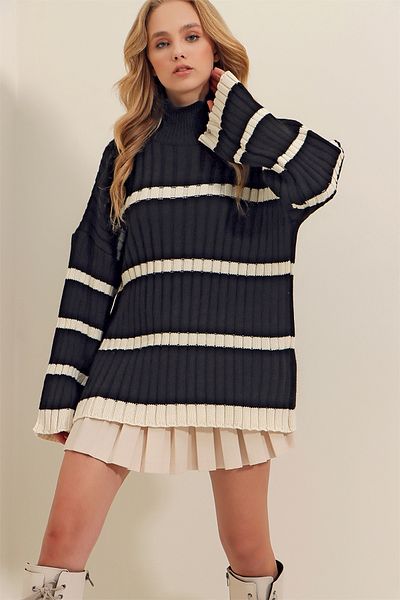 VAGGON Turtleneck Striped Thick Ribbed Oversize Knitwear Winter Sweater