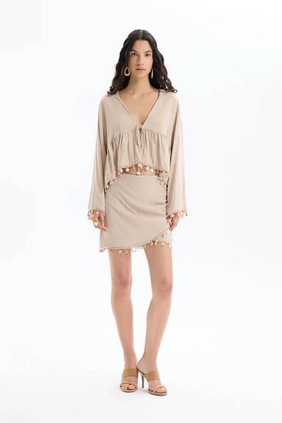 Quzu Linen Beige Women's Skirt with Mussel Shell Accessories Etk00451