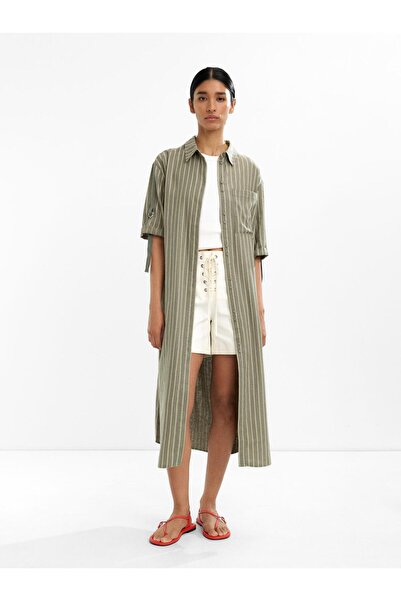 PARFOIS Çizgili Keten Karışımlı Gömlek Elbise