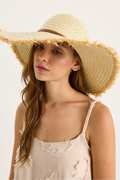 Bianco Lucci Women's Fringed Stripe Detailed Wide Straw Hat 14730 60801014