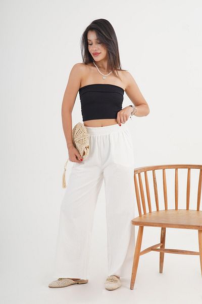 Hipo Trend White Loose Trousers with Ripped Legs and Elastic Waist