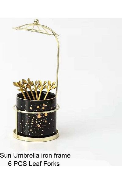 Raffine 6-pieces Leaf Forks Ceramic Pot With Iron Stand Black 9.3x23cm