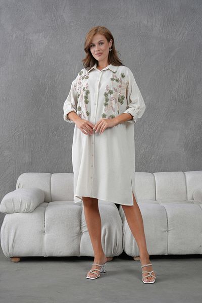 MVStore Embroidered Stone Linen Oversize Shirt Tunic