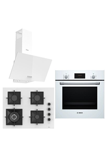 Bosch &Ferre Whiteline Wok Bek - Döküm Izgara 3lü Ankastre Set (HBF512BW1T - SC406 - D087) 65 cm Ocak