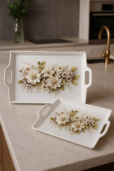 Makri 40X30 and 33X26 cm Decorative and Stylish Flower Patterned Set of 2 Rectangular Presentation Tray