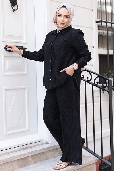 N.S NEVA STYLE Black Hijab Double Set with Stripe Detail 32336S