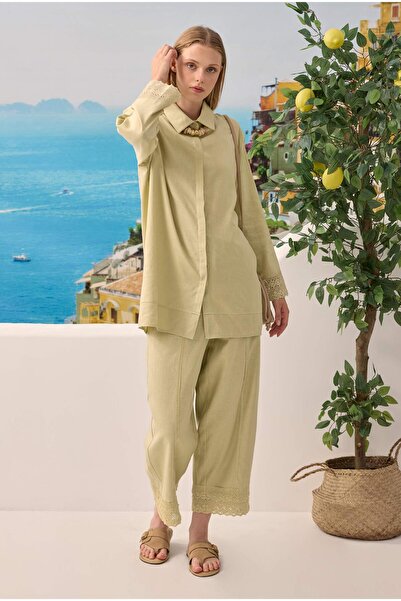 HEQA Κοστούμι με λινό παντελόνι με κορδόνια ανοιχτό φασκόμηλο